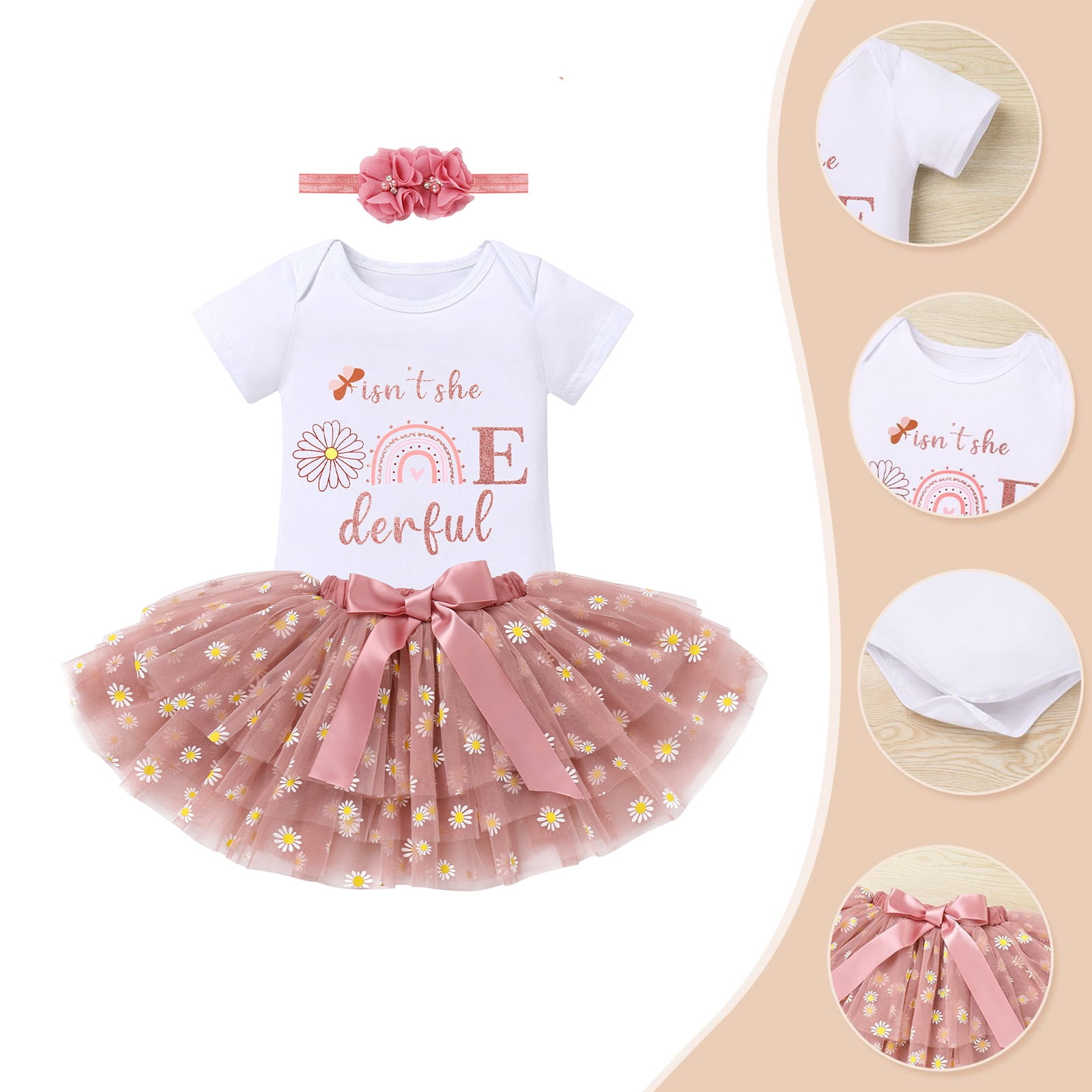 IBTOM CASTLE Infant Baby Girls 1st Birthday Outfits Short Sleeve Romper + Tutu Skirt + Headband 3PCS Set for Cake Smash Photoshoot 1 Year Dusty Pink & Daisy