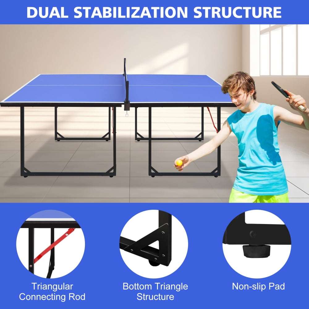 6ft Mid-Size Table Tennis Table, Foldable & Portable Ping Pong Table Set for Indoor & Outdoor Games with Net, 2 Table Tennis Paddles and 3 Balls