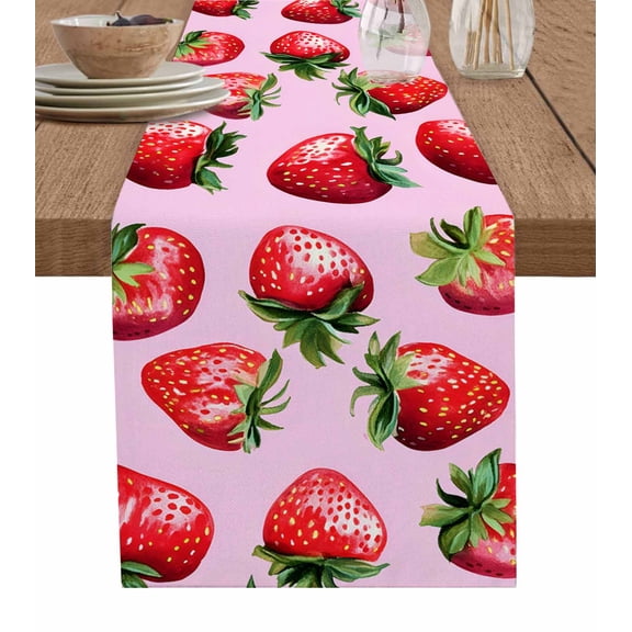 Red Strawberry Table Runner 70 Inches, Pink Watercolor Modern Art Bed Runner Dresser Scarves Tabletop for Indoor Outdoor Parties/Ceremony/Banquet, 13" x 70"