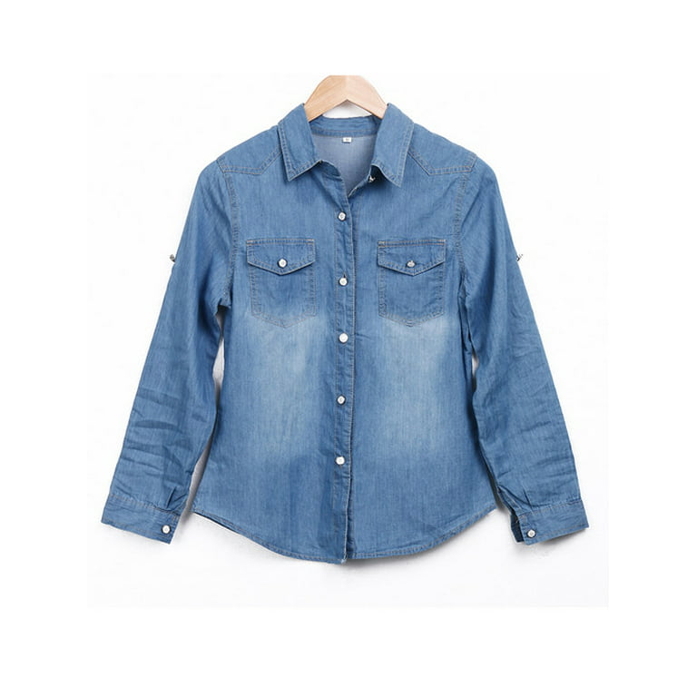 Dødelig Lære Bonus NEW Womens Denim Shirt Ladies Classic Fitted Shirts Size 8 10 12 14 Blue  Jeans Dark Blue XL - Walmart.com