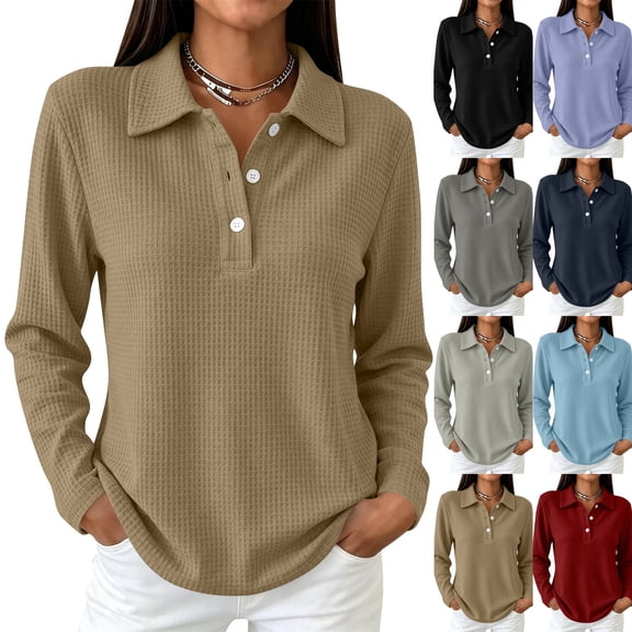 Golf Polo Shirts for Women Long Sleeve Trendy Button Down Waffle Textured Top Dressy Fashion Solid Color Fall Tops,L,Khaki