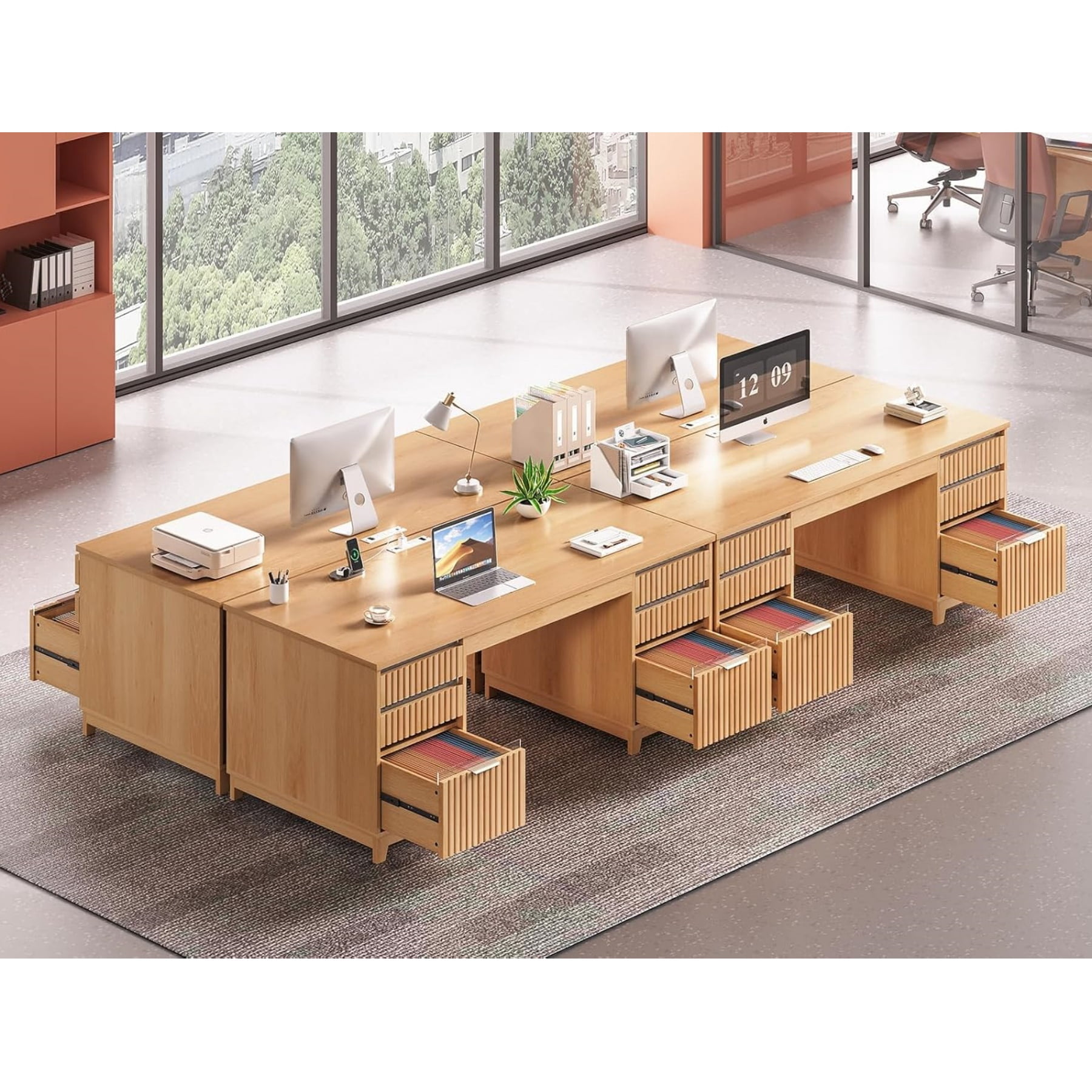 SEDETA 55 Inch Fluted Computer Desk with 6 Drawers, Modern Executive Desk with Acrylic File Drawers, Home Office Desk with Power outlets for Writing and Study, Vanity Desk for Bedroom, Natural Wood