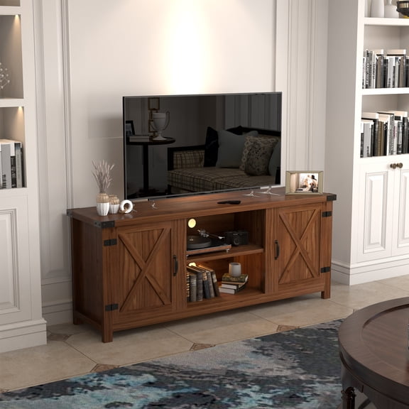 Furmax Barn Door TV Stand Media Console Center Industrial Style for TVs up to 65", Walnut