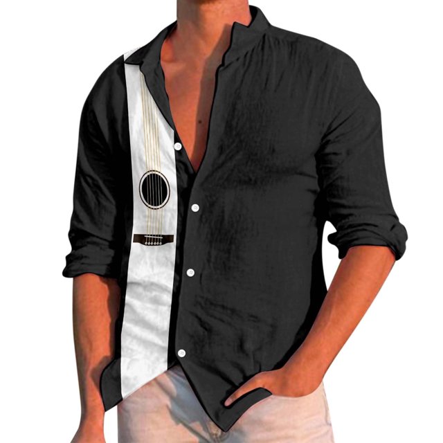 Chemises pour Hommes - Chemise à Manches Longues Imprimé Musique Décontractée Col Rabattu pour Usage Quotidien Coupe Décontractée pour Hommes
