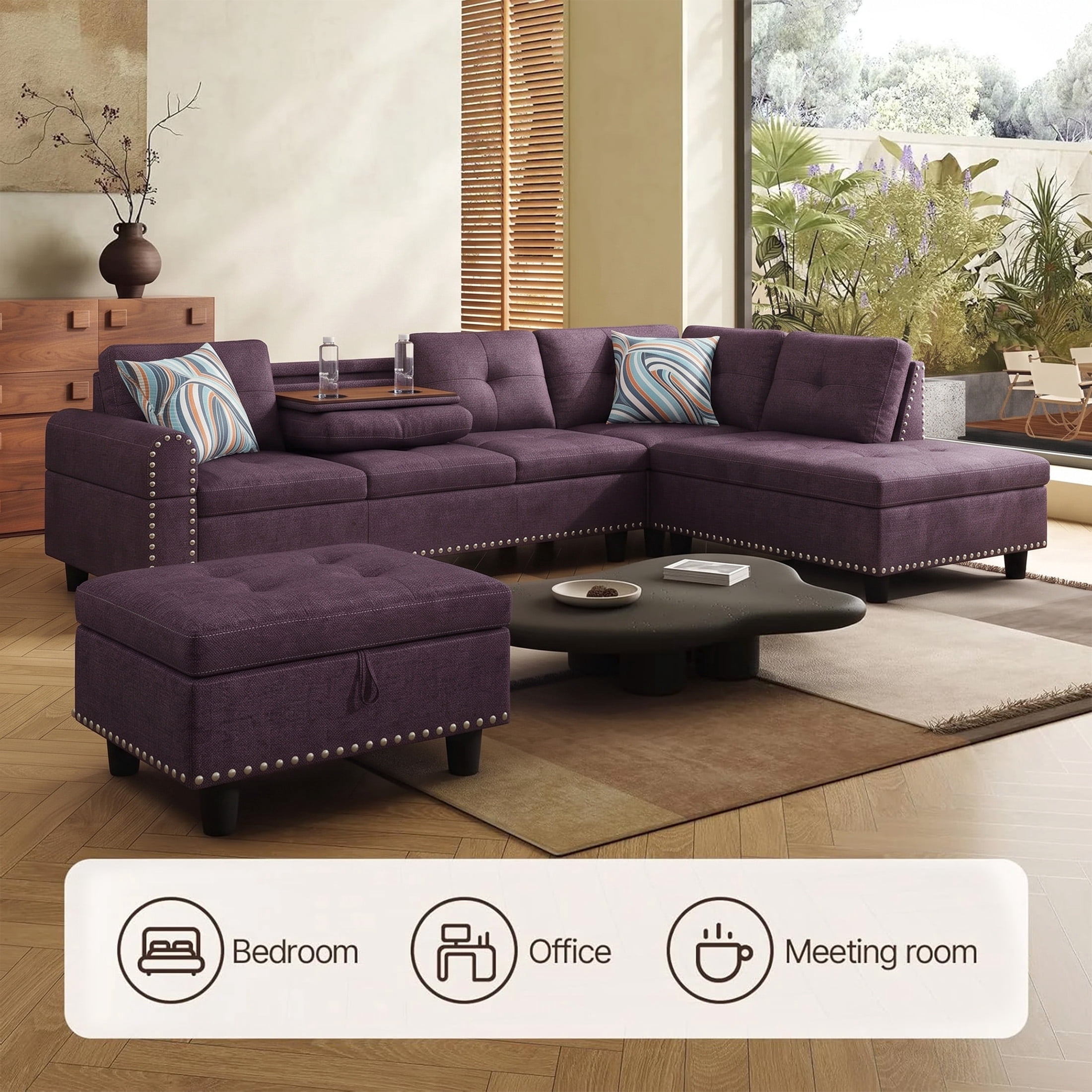 AENKYO 98" L-Shaped Sectional Sofa with Reversible Chaise, Storage Ottoman & Cup Holders, Linen, Purple