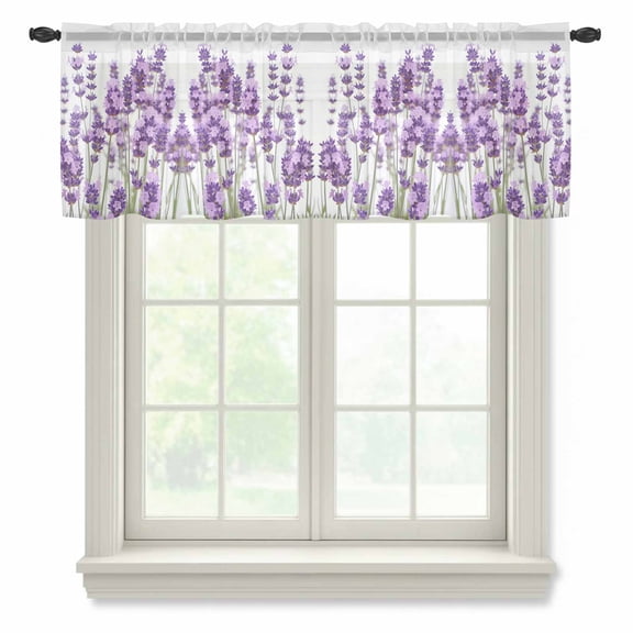 Purple Lavender Valance Curtains for Kitchen/Living Room/Bathroom/Bedroom Window, Rod Pocket Small Topper Half Short Window Curtains Voile Sheer Scarf, Farmhouse Pastoral Botanical Floral 54"x18"