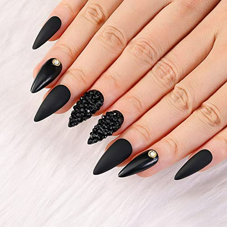 Artquee 24pcs Press on Nails Black Medium Long Almond Stiletto Matte Mixed  Glossy Fake Nails False Tips Manicure for Women and Girls Including 2pcs 3D