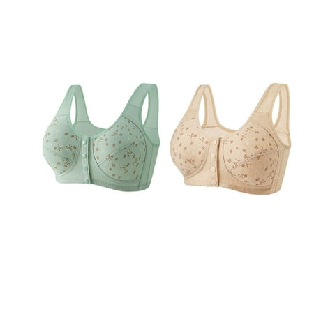 GERsome Women s PACK of 2 Front-Close Bra Underwire Underwear Comfort T-shirt Bra Convenient Snap Sleep Bra for Women Plus Size Full Coverage Bra 2pcs#Green/Beige XL
