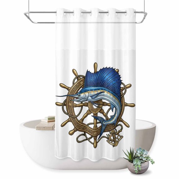 No Hook Shower Curtain, Coastal Nautical Shower Curtains for Bathroom with See Through Top Window, Summer Ocean Anchor Fish Blue Gold Waterproof & Washable Bath Curtain Stand Up Stall 36"x72"