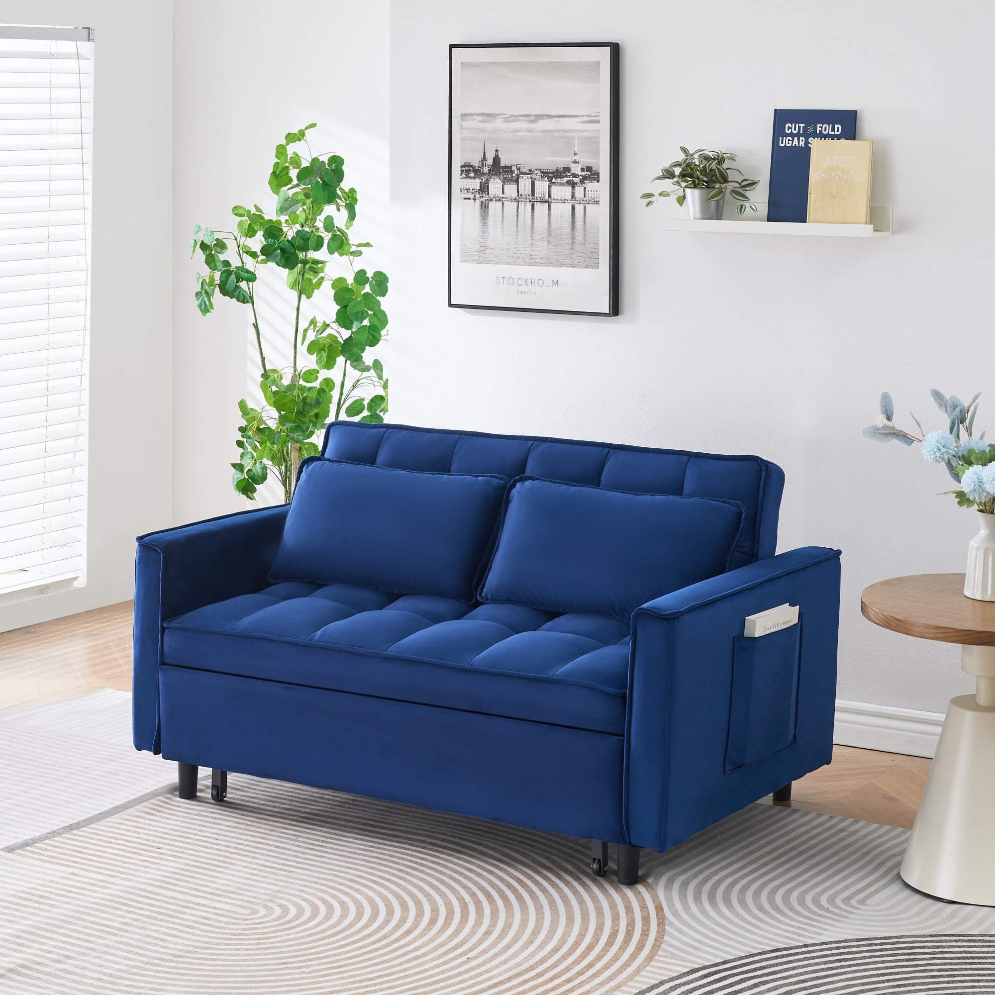 Gewnee 55''3 in 1 Convertible Modern Pull Out Couch Bed,Adjustable Backrest,Velvet Loveseat Futon Sofa with Pillows & Pockets for Living Room,Apartment.(Blue)