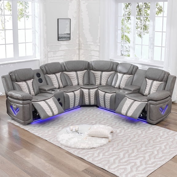 Power Reclining L-Shaped Sectional Sofa with LED Lights, Speakers, Cup Holders, Grey Faux Leather