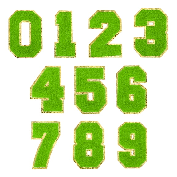 Uxcell 10 Pcs Chenille Number Patches, 3.15" Large Iron on Number 0-9 Patches with Glitter Sequins, Chenille Embroidered Appliques for DIY Clothing Jackets Bags Hats Jeans, Green