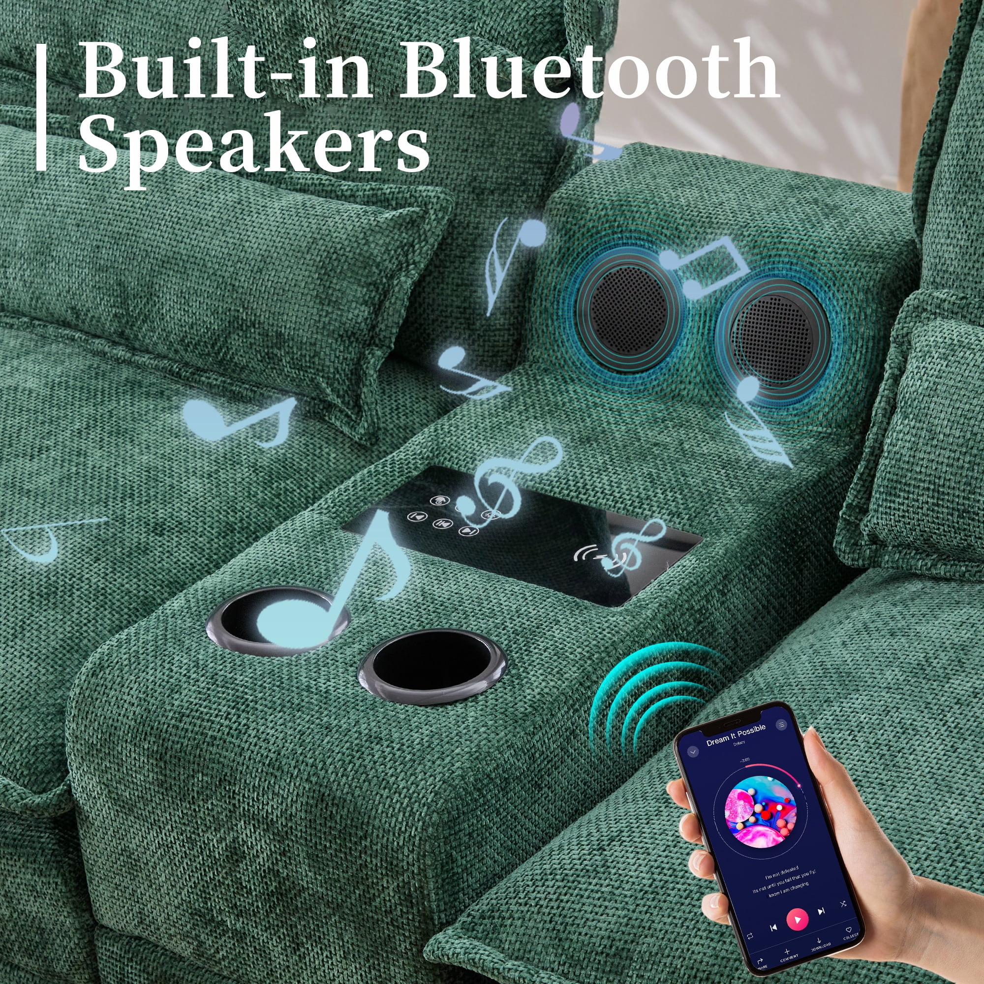 Villeston 126.77" U-Shaped Cloud Sofa With Chaise Lounge, Chenille Sofa With Wireless Charging, Bluetooth Speaker, Two Cup Holders, Storage Drawer, Suitable For Living Room,Green
