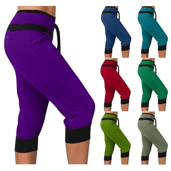 TKYCMSUAKI Womens Capris Pants Plus Size High Waist Drawstring Sweatpants Trendy Color Block Jogger Pant Summer Casual Cropped Trousers