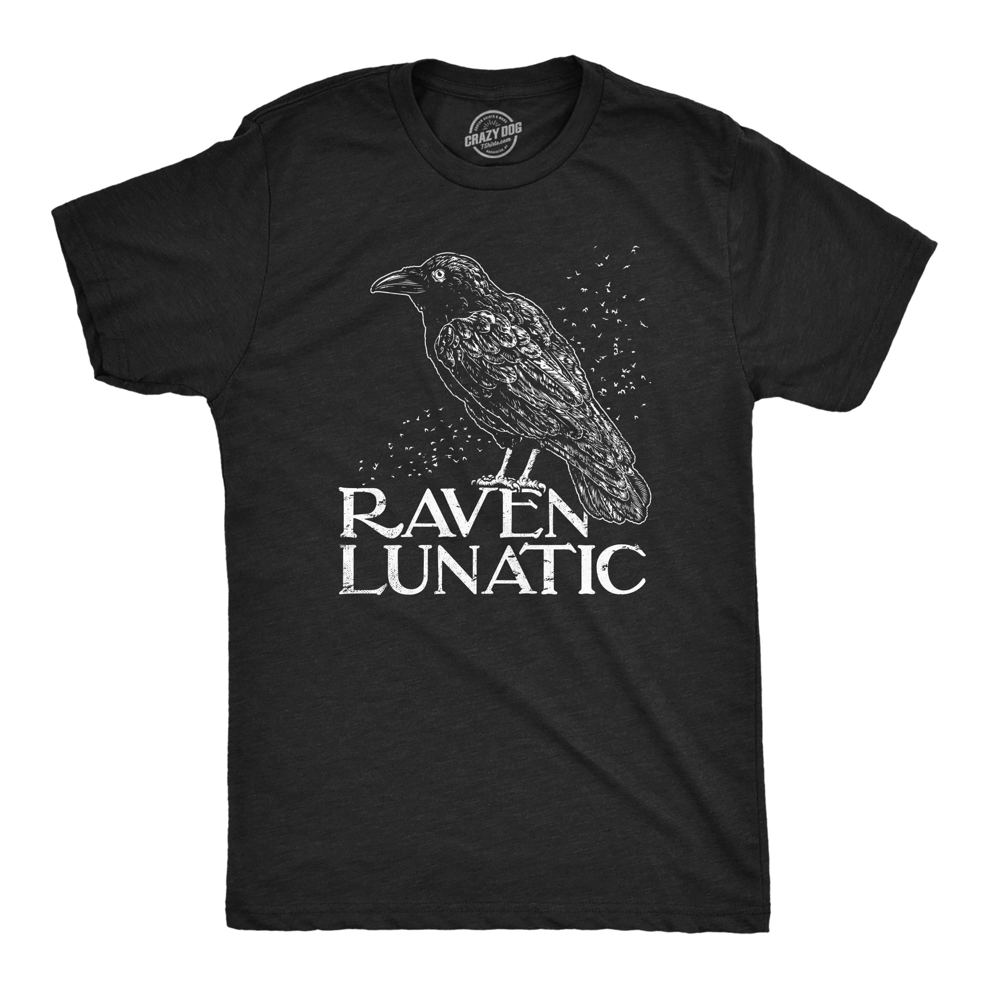 Mens Raven Lunatic T Shirt Funny Dark Crow Lovers Tee For Guys Heather Black RAVEN L