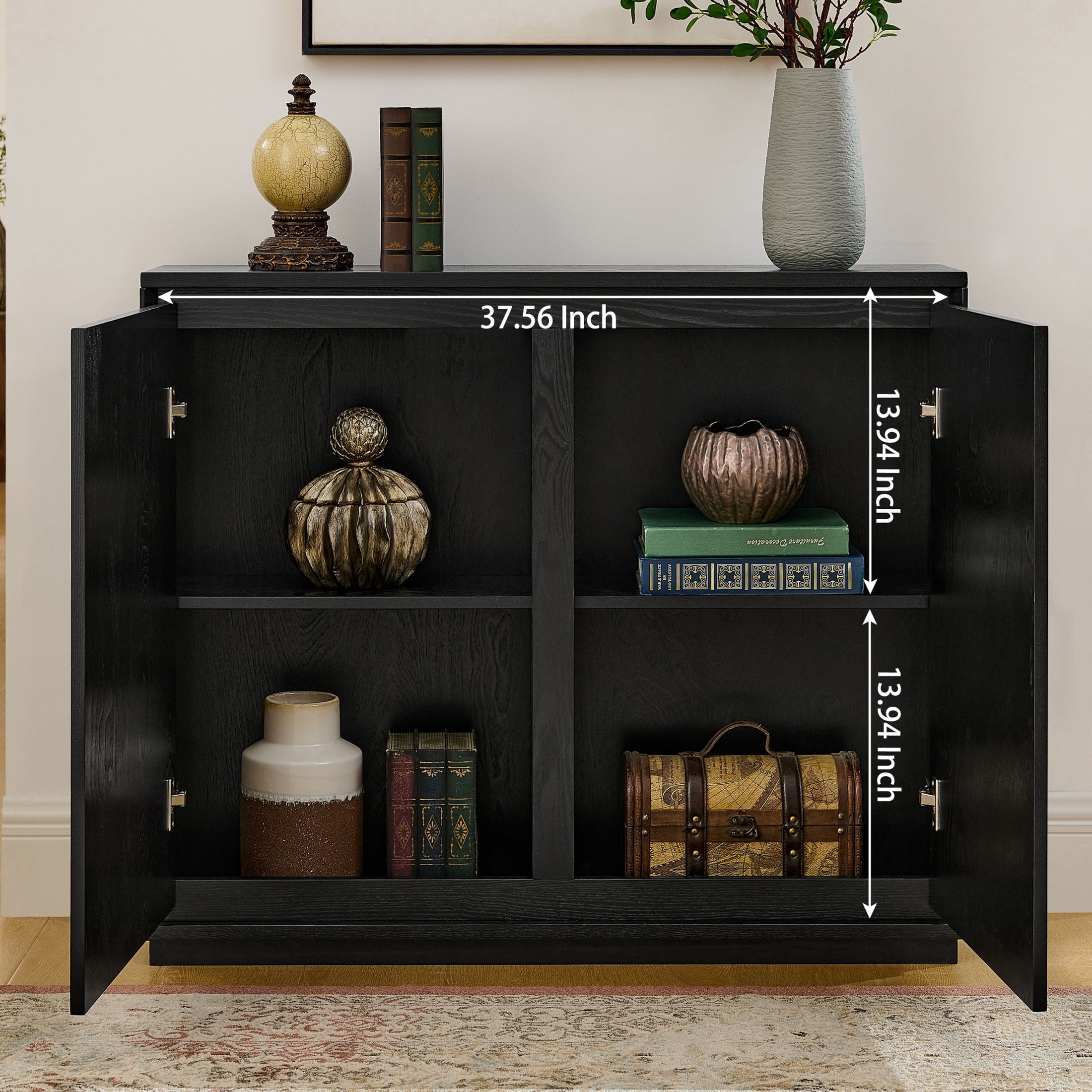 GDF Studio 39" Mid Century Modern V-Shaped Fluted Sideboard Cabinet with Outlet Holes, Black
