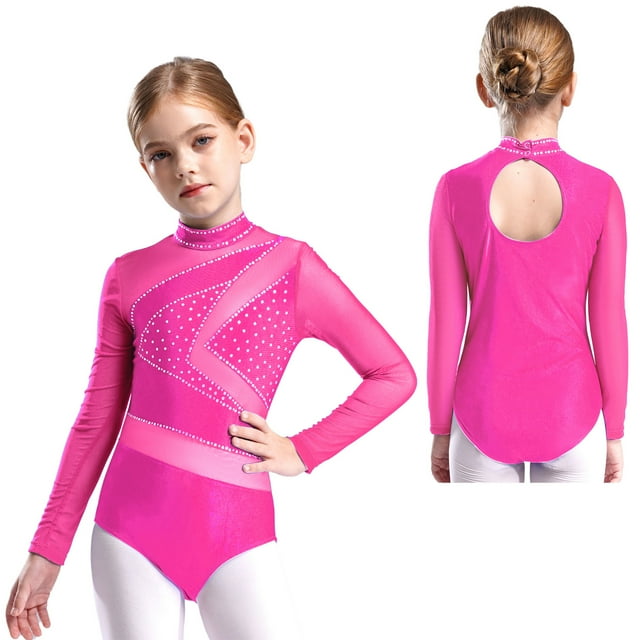 Jowowha Justaucorps de Danse Ballet à Manches Longues avec Strass pour Filles, Rose Vif 12