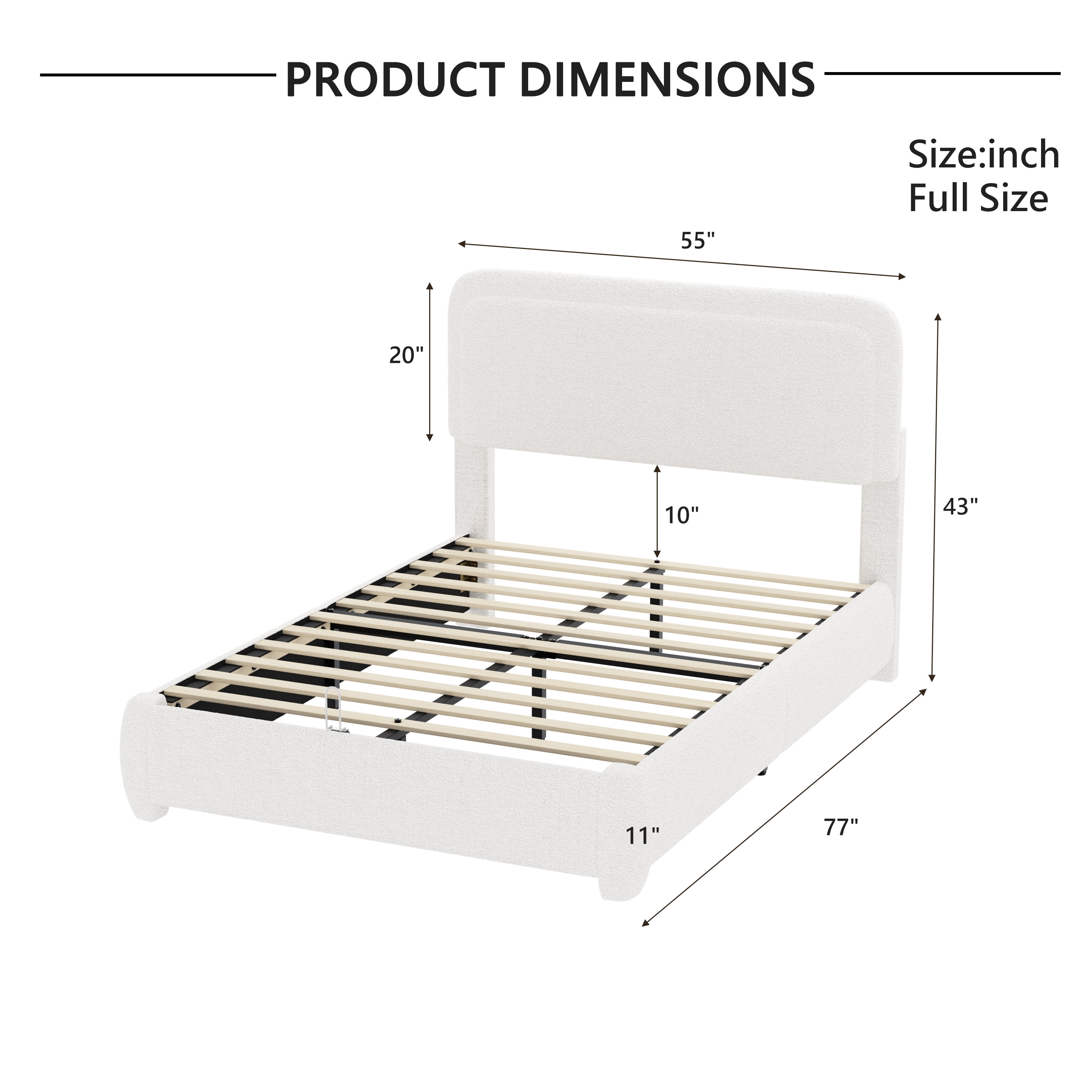 Miniyam Full Boucle Upholstered Platform Bed Frame with Adjustable Curved Headboard, Wood Slat Support, White
