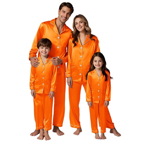 GILIGEGE Christmas Family Matching Pajamas Long Sleeve Button Down Pj Set Festival Party Sleepwear Family Satin Christmas Pajamas Sets Solid Silk Xmas Pjs Matching Sets Orange 110