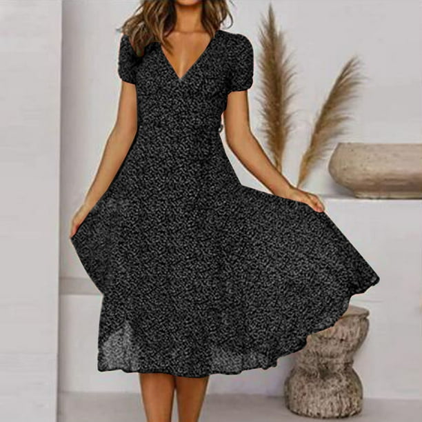 ICHUANYI ClearanceFashion Women Summer V-Neck Bandage Print Casual Short Sleeve Dresses(Black, XL) ICHUANYI WER202308041125
