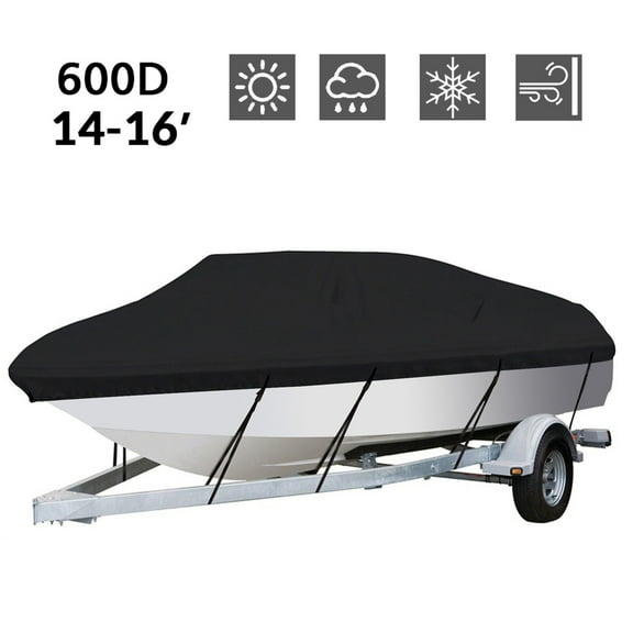 YUONAO Heavy Duty 600D Waterproof Boat Cover Trailerable V-Hull Runabout Boat – Durable, UV & Tear Resistant, Ideal for Outdoor Protection-14-16FT