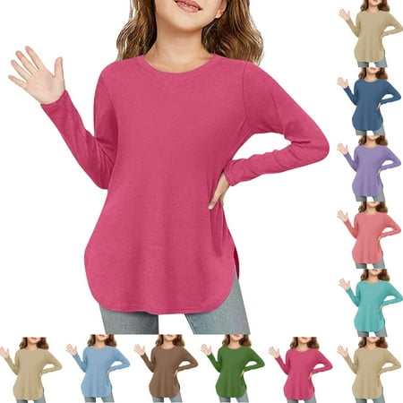 Drmagiyhm Girls T Shirts Size 10-12 Casual Crewneck Solid Color Shirts Stylish Basic Long Sleeve T-Shirt Kids Comfy Tops Tees & Blouses Pink 9-10 Years