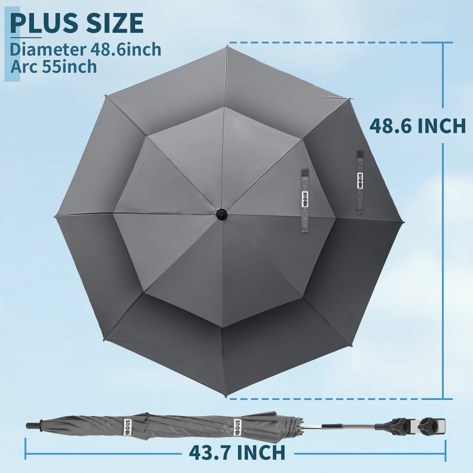 2 Pack 48.6" Double Canopy Umbrella with Clamp, UPF50+ Beach Chair Umbrella with clip, 360°Adjustable Portable Outdoor Wheelchair, Patio, Golf Carts,Camping(Grey, Not Include Chair)