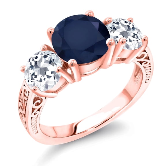 Gem Stone King 18K Rose Gold Plated Silver Blue Sapphire and White Topaz Engagement Ring for Women | 4.26 Cttw | Round 8MM | Gemstone September Birthstone | Size 9