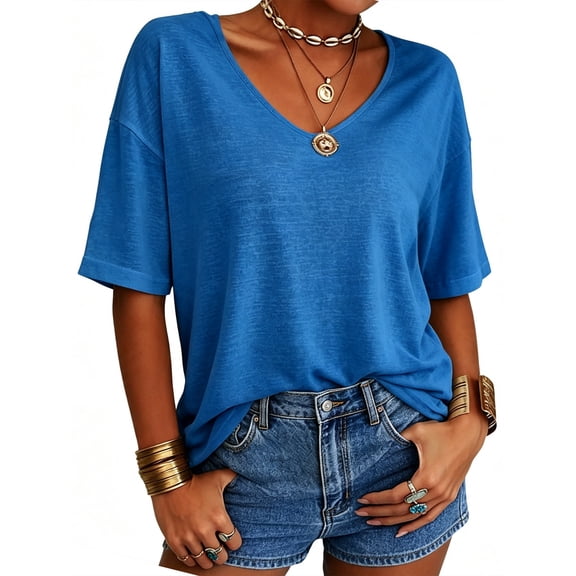 Summer Women's Casual Solid Color T-shirt Half Sleeved Simple V-neck Tee Tops