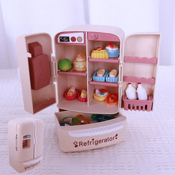 Qocolcyl Pretend Play Mini Refrigerator Kitchen Toy Set,Kids Toddler Simulation Fridge Fake Dessert Drink Food Playset, Learning Toys, Imaginative Doll House Chef Role Play Kit for Boys Girls Ages 3