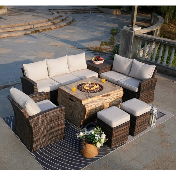 40" Fire Pit Table with 6 Piece Outdoor Rattan Brown Sectional Sofa Sets for Garden, Patio, Yard