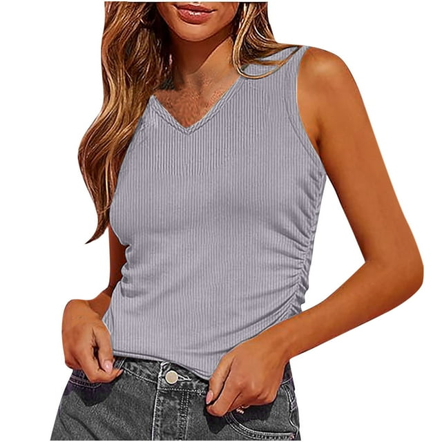 Dealovy Tank Tops for Women Sleeveless V Neck Ribbed Knit Slim Fitted Summer Basic Going out Tops