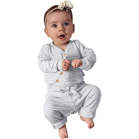 

Fesfesfes Infant Baby Jumpsuit Boys Girls Long Sleeve Striped Romper Bodysuit+Pants Outfits Set Clearance Under $10