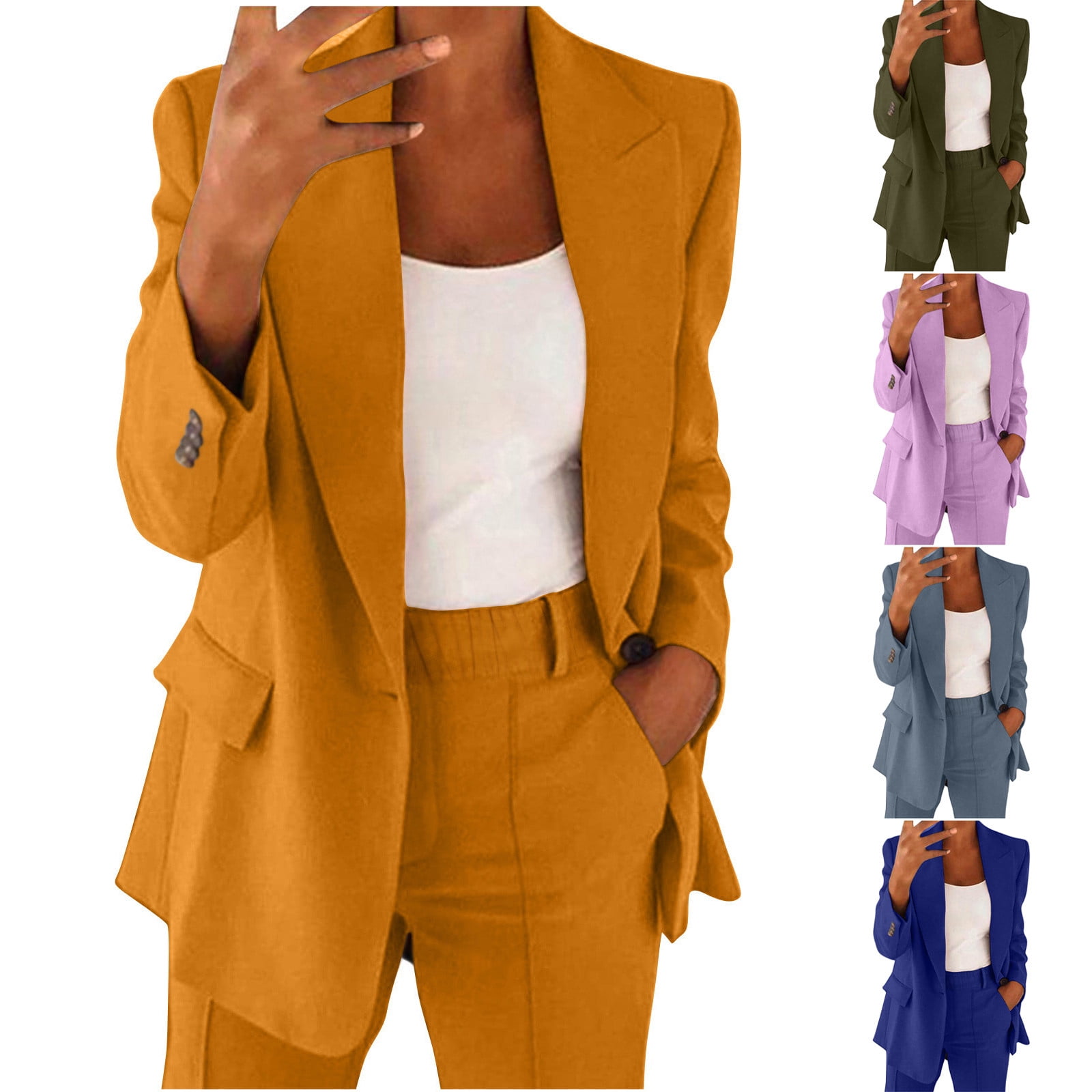 Craaazy Womens Business Casual Blazer Suits Regular Fit Solid Color Long Sleeve Blazers & Jackets with Matching Trousers for Work and Going Out