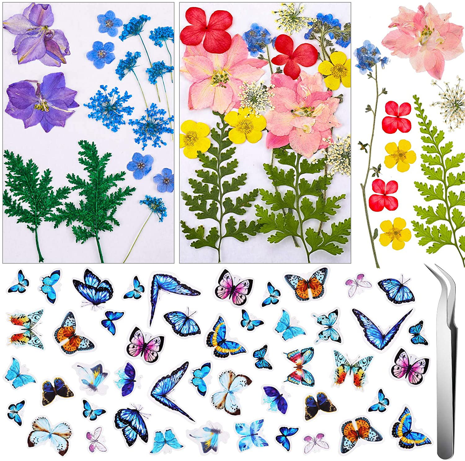 Colorful Dried Pressed Flowers Leaves and Butterfly Decorative Sticker Set Natural Real Dried Flowers Butterfly Scrapbook Decals with Curved Tweezers for Art Floral Decors DIY Resin Jewelry Crafts 