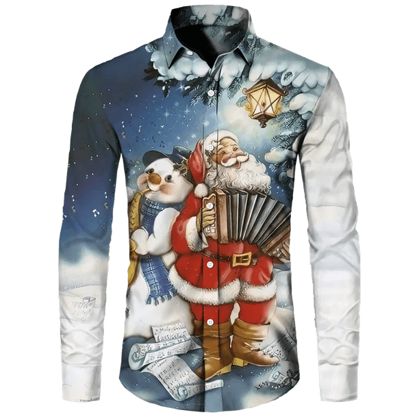 Camisa hawaiana con tema navideño de Papá Noel para hombre, Tops informales Vintage, ropa de manga larga con estampado de flores en 3d, vacaciones Y2k
