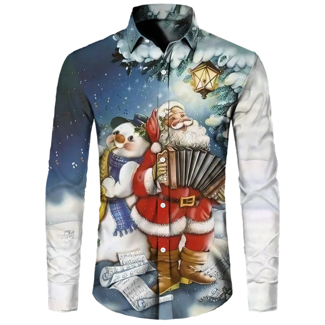 Camisa hawaiana con tema navideño de Papá Noel para hombre, Tops informales Vintage, ropa de manga larga con estampado de flores en 3d, vacaciones Y2k
