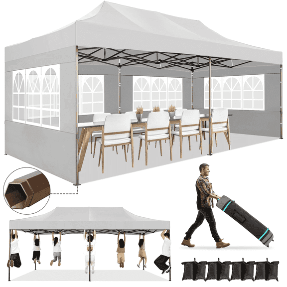 HOTEEL 10x30 Heavy Duty Canopy Tent with 6 Removable Sidewalls,Pop up Outdoor Commercial Party Wedding Tent with Roller Bag,Waterproof & UV 50 , Extended Awning, White