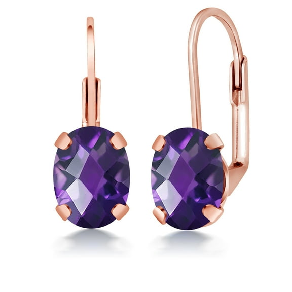 Gem Stone King 2.40 Ct Oval Checkerboard Purple Amethyst Brass Rose Gold Plated Brass Earrings