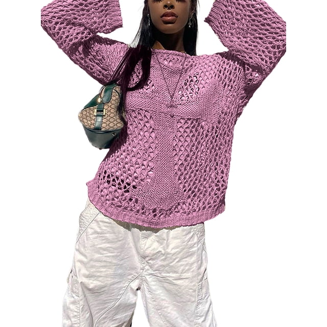 Chandail Surdimensionné Ajouré pour Femmes à Manches Longues, Impression Croisée, Chandails Punk Déchirés, Haut Gothique Tricoté, Mode Urbaine