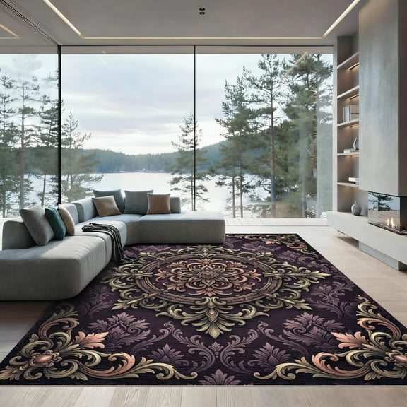 ODIKA 4' x 6' Machine Washable Non-Slip Area Rug, traditional floral High Traffic Rug, Purple, 1157903