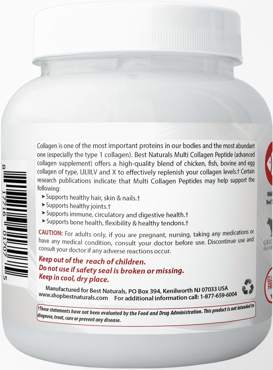 Best Naturals Multiple Collagen Peptides Protein Unflavored - Grass Fed, Type I, II, III, V, X - 1 lb