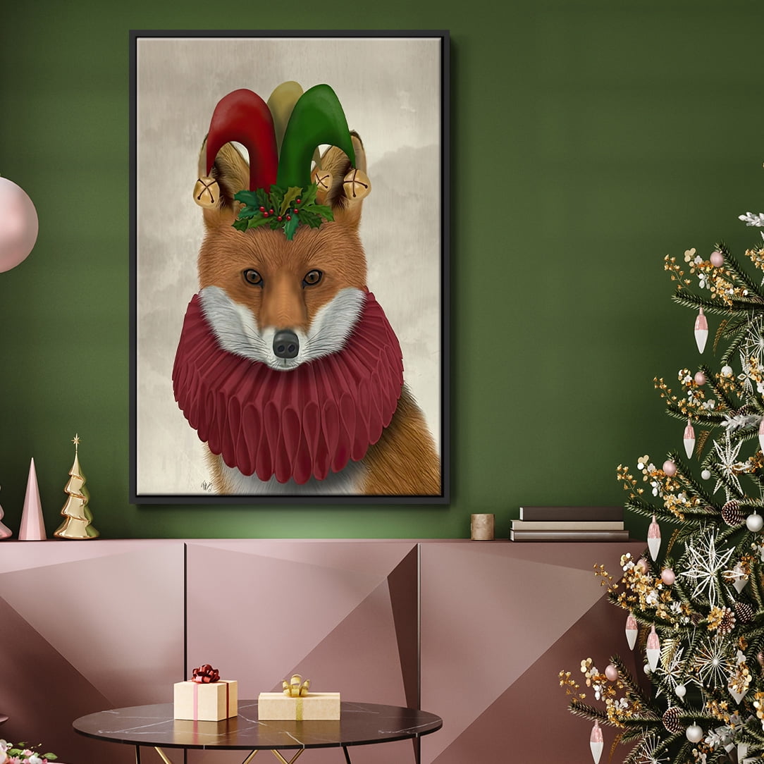 Christmas Foxy Christmas Fool - Framed Gallery Wrapped Holiday Canvas - 25 x 37 - Black Frame