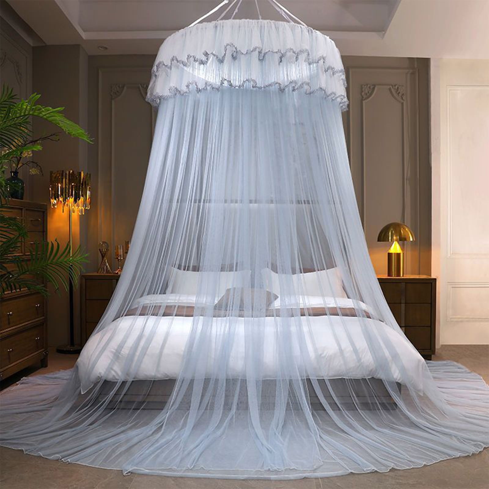 Zzbeans Princess Bed Canopy, No-Installation Ceiling-Mounted Dome Mosquito Net, Encrypted Foldable Floor-Standing Bed Canopy for Girls Room, Romantic Lace Ruffled Bed Curtain for Single Double Queen