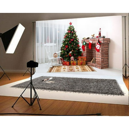 Image of MOHome 7x5ft Backdrop Photography Background Christmas Living Room Decoration Xmas Tree with Red Bauble Presents Stocking Brick Fireplace White Chair Carpet Curtain Backdrop Photo Studio Props
