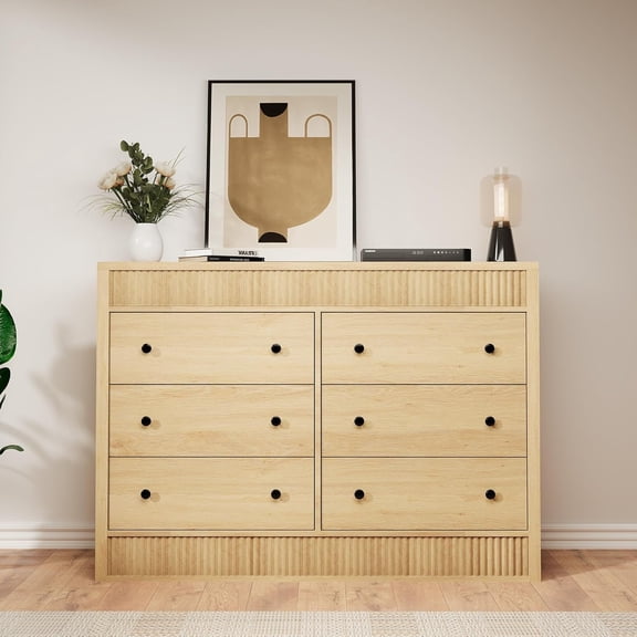 6 Drawer Dresser for Bedroom, Wooden Fluted Chest of Drawers, Modern Oak Storage Organizer for Living Room, Hallway, Entryway, Natural Oak