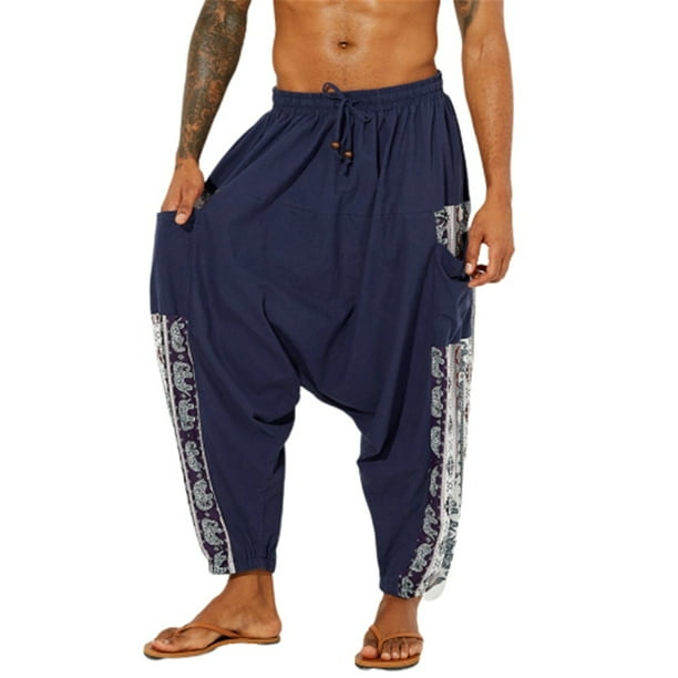 Ethnic Style Mens Cotton Baggy Pants Chinese Style Pants Loose