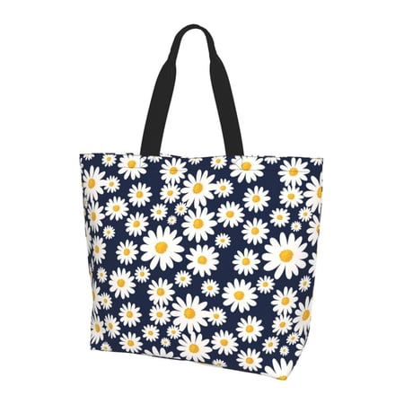 Kuqiui Daisy Floral Print Tote Bag Zipper Tote Bag for Women Tote Bag Inner Pocket Pattern Lightweight Daily Bag Book Bag
