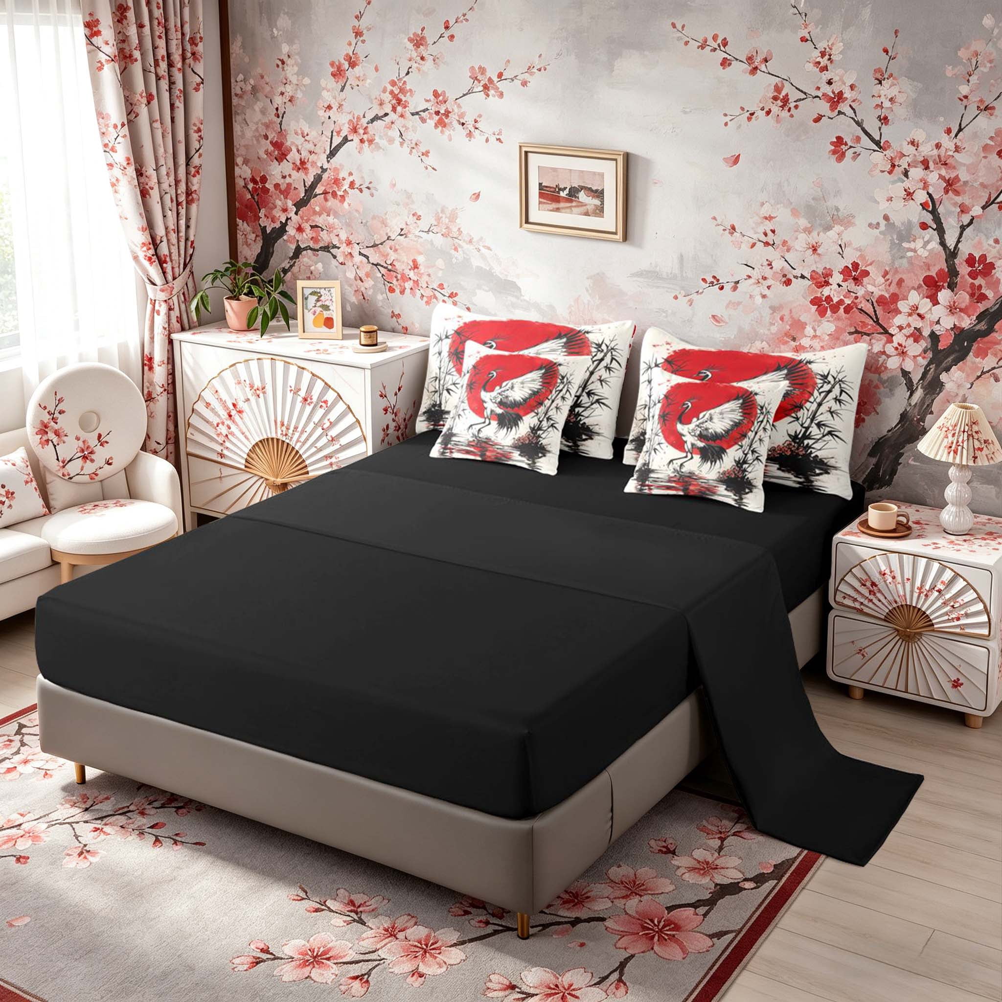 Manfei Ink Red Sun Crane Twin Bedding Sets for Girls, Bamboo Water Bedding Comforter Set, Black Red White, Black Reversible7-Piece