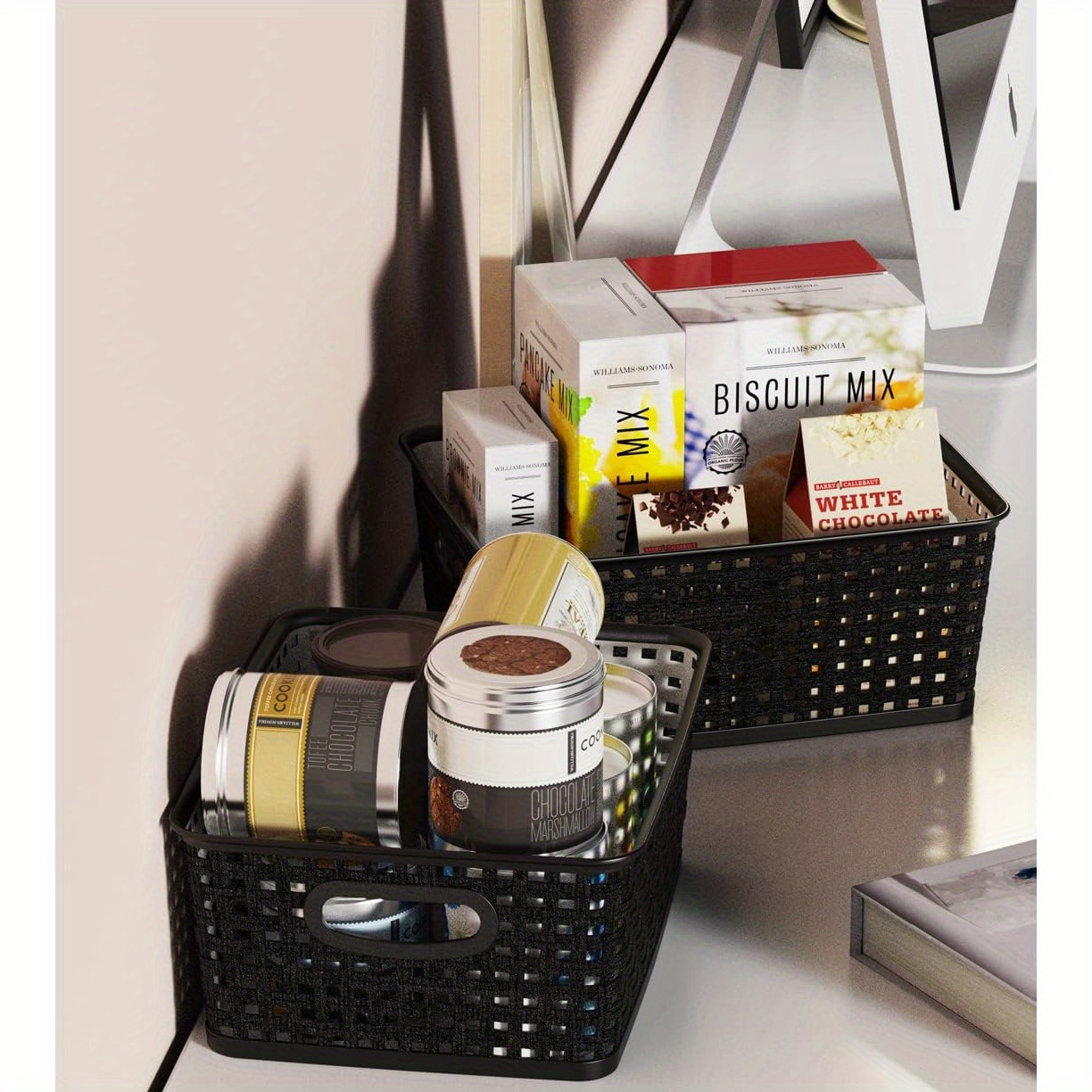 6pcs High-Quality Woven Plastic Storage Baskets – Black Weave Bins Organizer – Home, Office, Desktop, Wardrobe, Bathroom – Shelf Basket, 10.1" x 7.55" x 4.1"